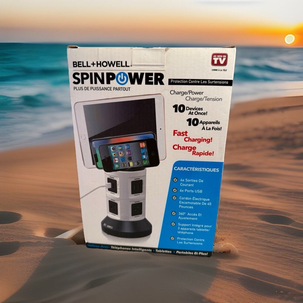 NEW Bell + Howell 360 Degree Spin Power Tower with 4 Outlets and 6 USB Ports